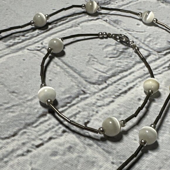 Vintage Silver Tube Bead Round White Cat Eye Glass Bead Necklace And Bracelet - Picture 12 of 13